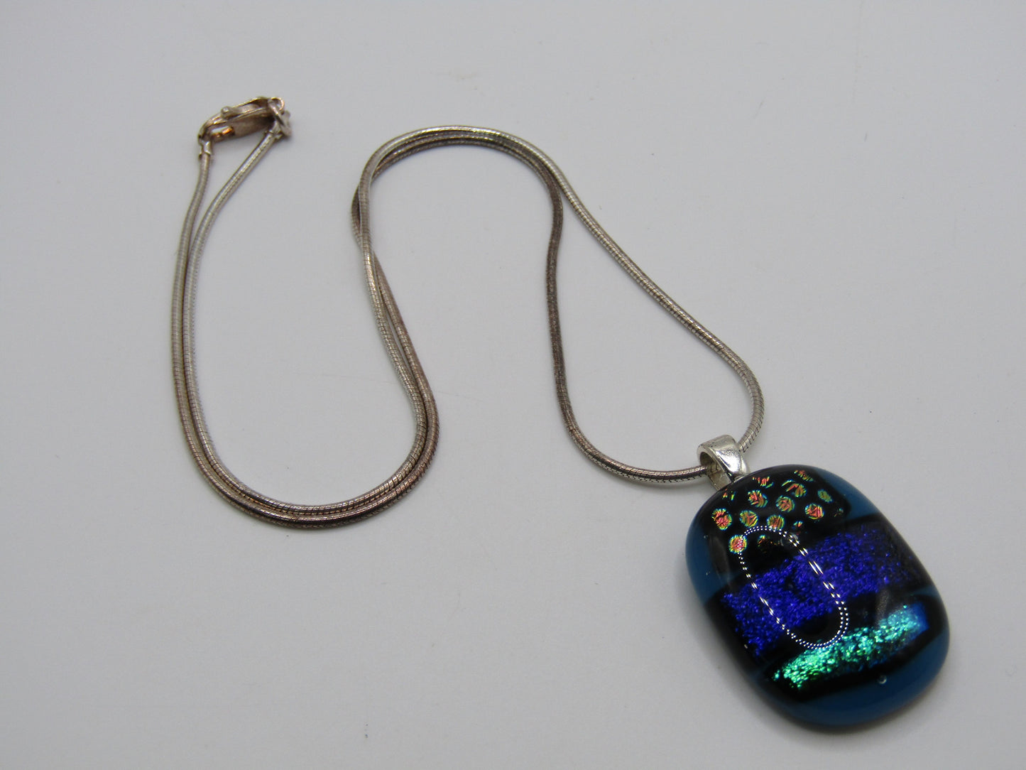 Vintage Artisan Handcrafted Dichroic Glass Pendant Sterling Silver Necklace
