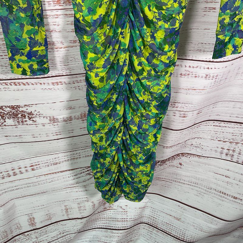 Ganni Green & Blue Floral Print Ruched Mesh L/S Scoop Neck Midi Dress - Size 36