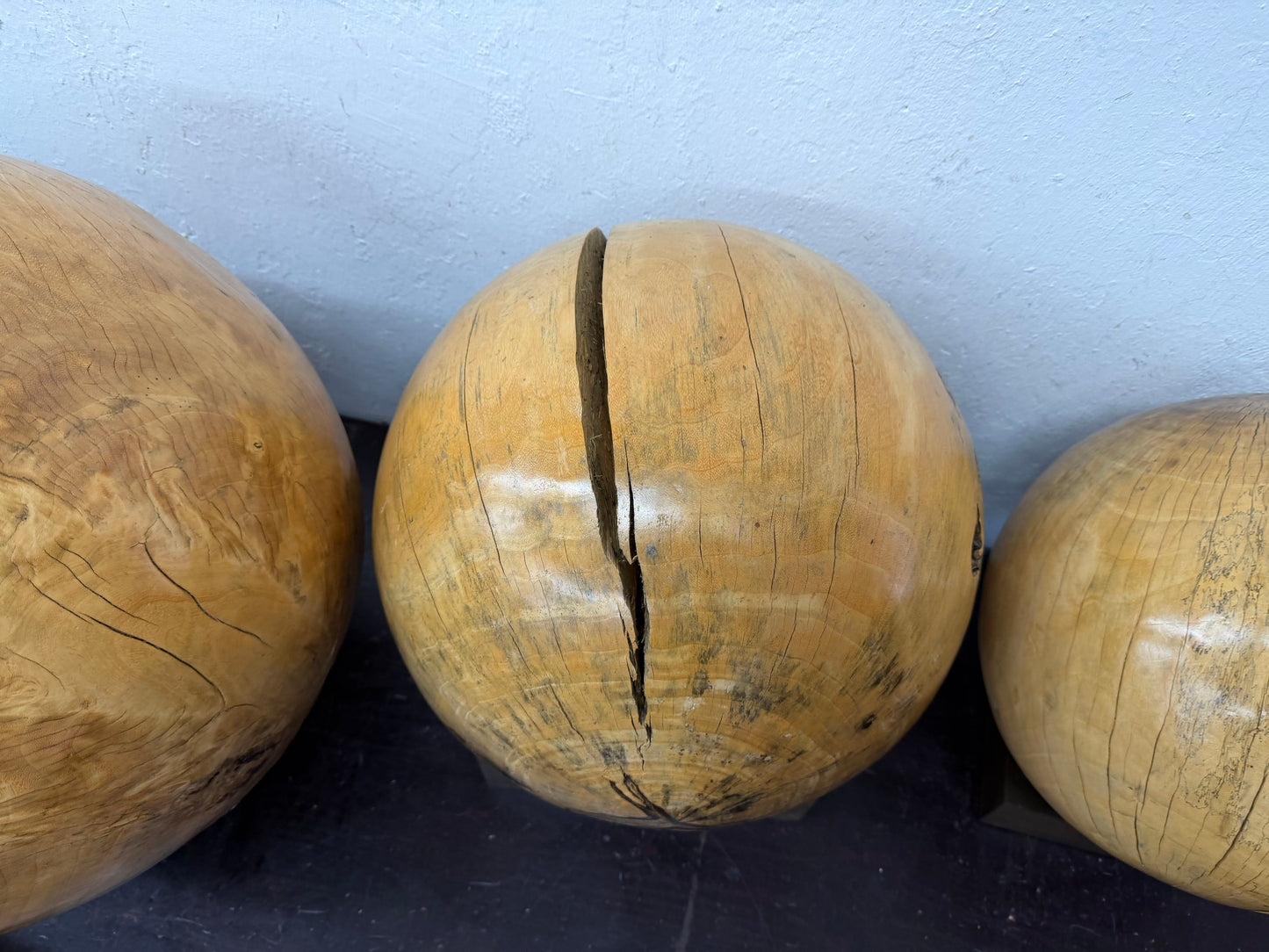 Set of 3 Wood Sphere Sculpture on Metal Stands- (Diameter 44", 52", 62")