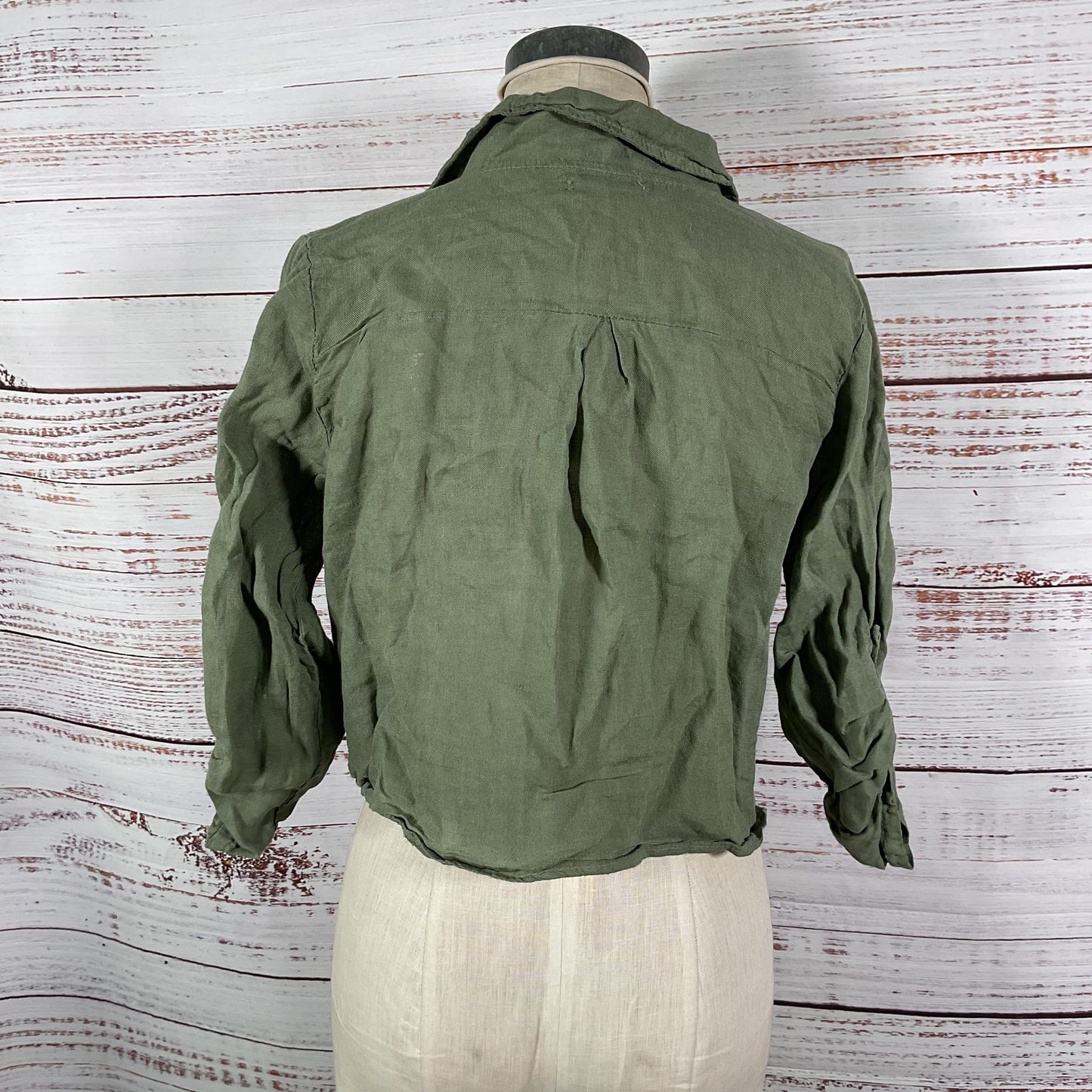 Meo Meli Green Linen Button Up Front Tie Blouse Top