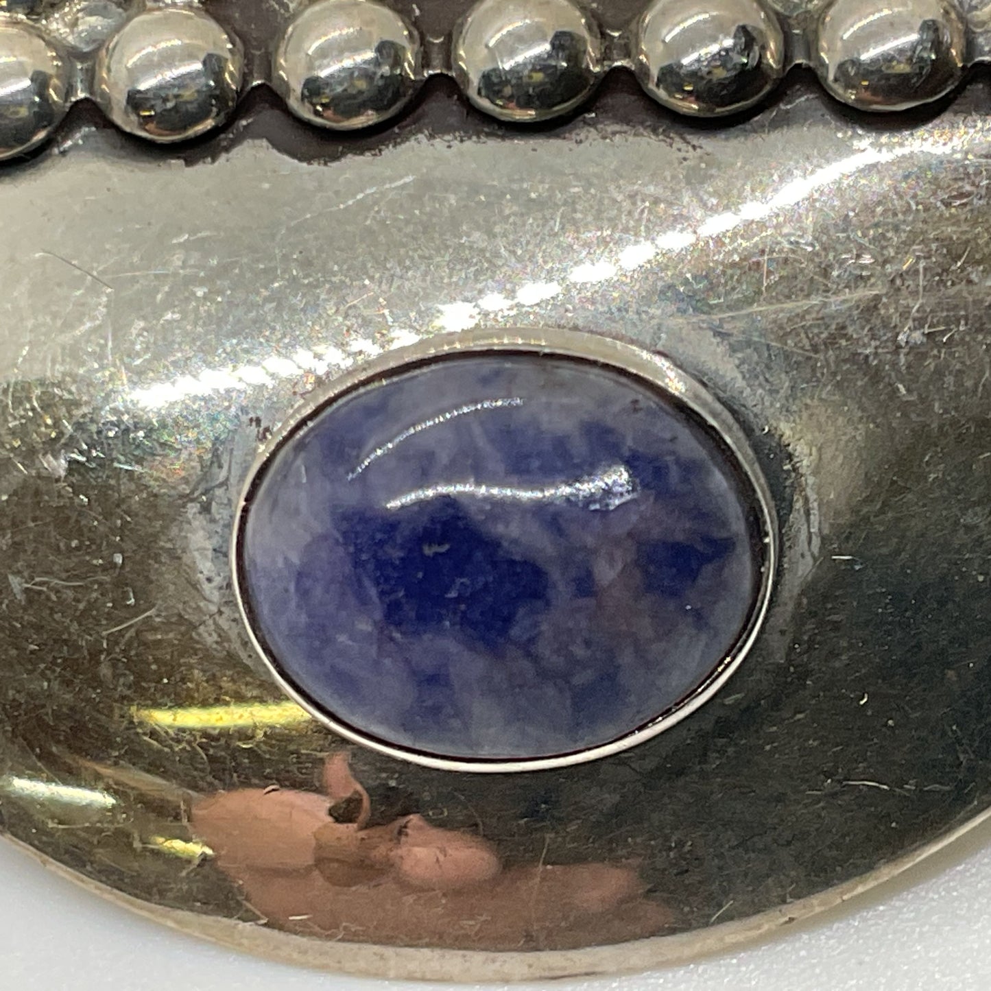 VTG. Sterling Silver Beaded Sodalite Cabochon 1.5" Brooch- 6.41g