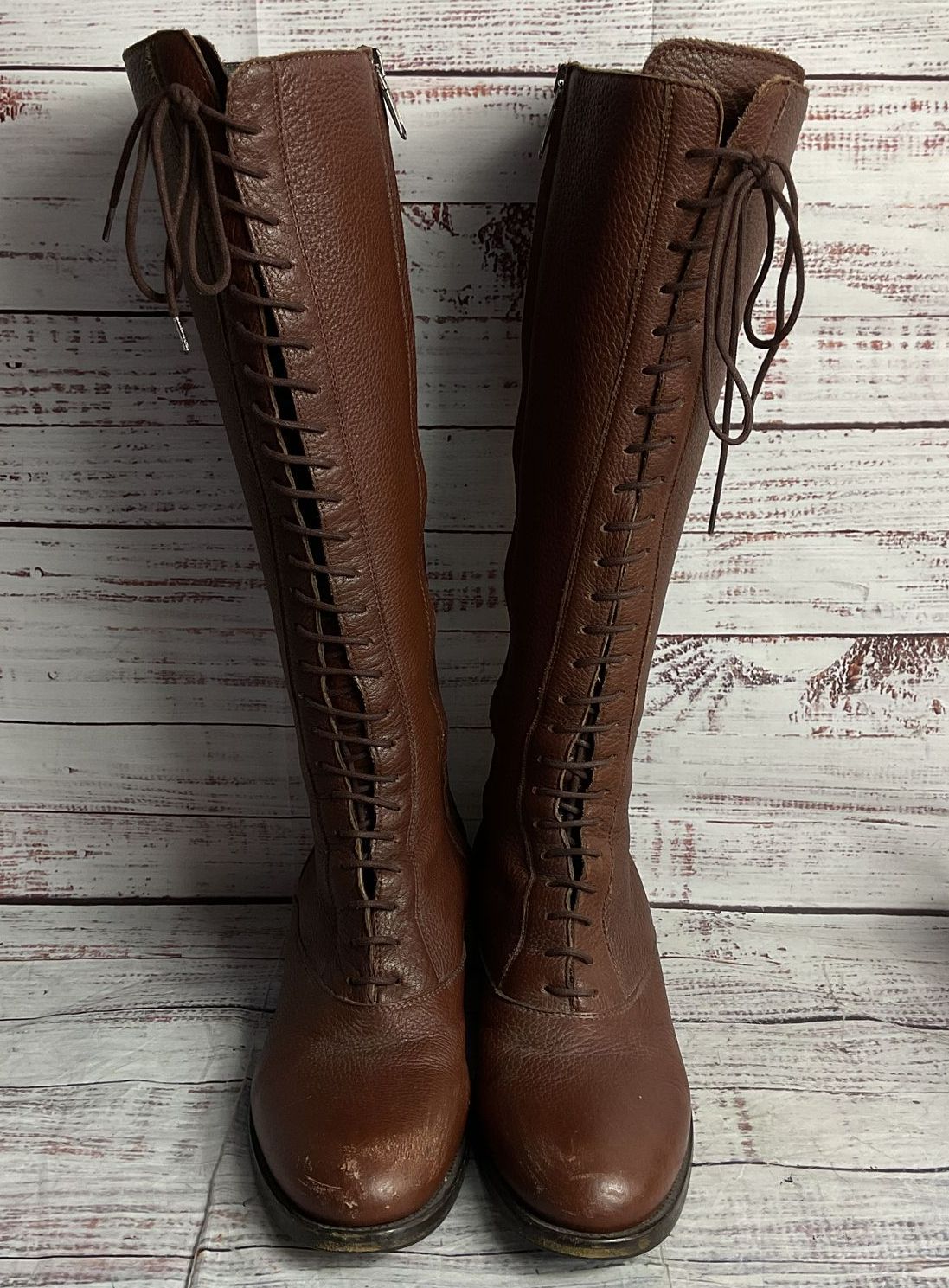 Jil Sander Leather Lace Up Knee High Boots Brown 39