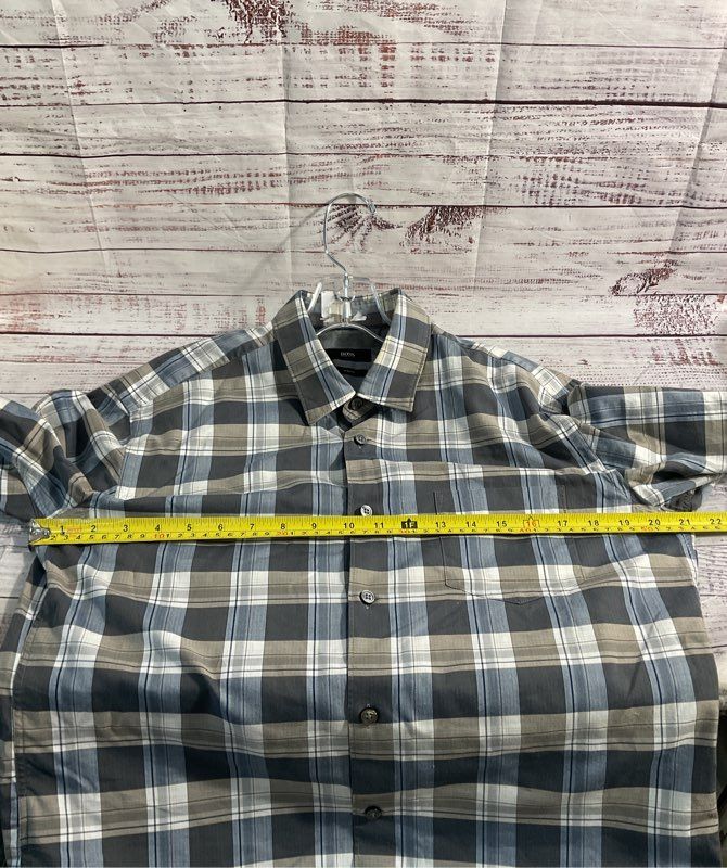 Hugo Boss Men's Long Sleeve Buttoned Plaid Shirt Blue & Grey Size L