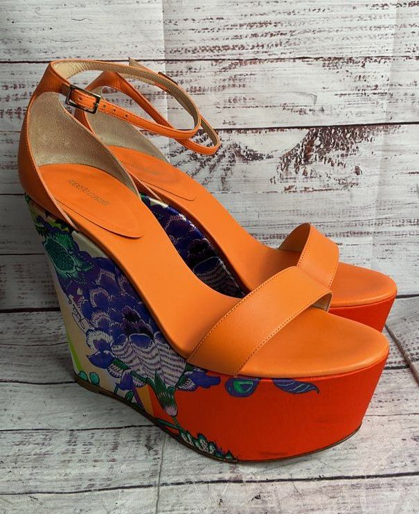 Roberto Cavalli Satin Floral Print Platform Wedge Heels 38.5