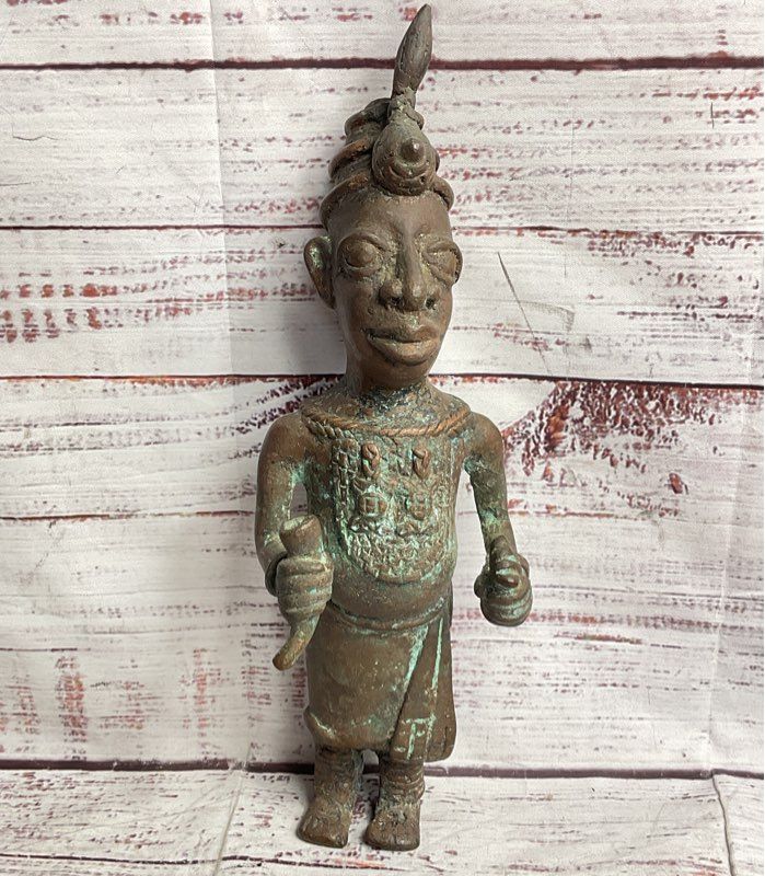 Vintage African Benin Nigerian Style 11" Sculptural Figurine Bronzed