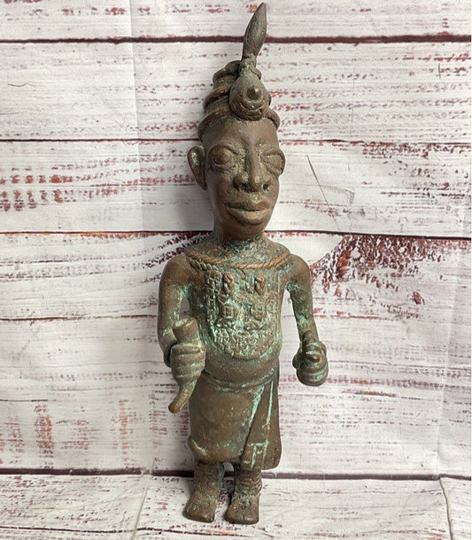Vintage African Benin Nigerian Style 11" Sculptural Figurine Bronzed