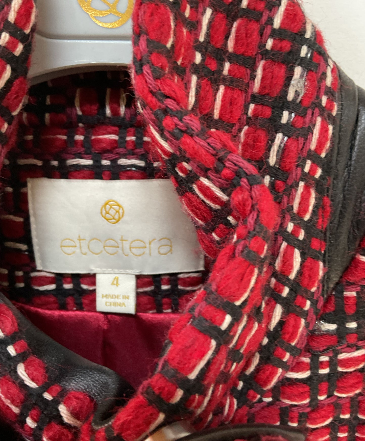 NWT Women's Etcetera Red Houndstooth Coat w/ Leather trim Size 4