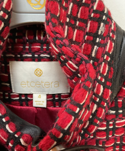 NWT Women's Etcetera Red Houndstooth Coat w/ Leather trim Size 4