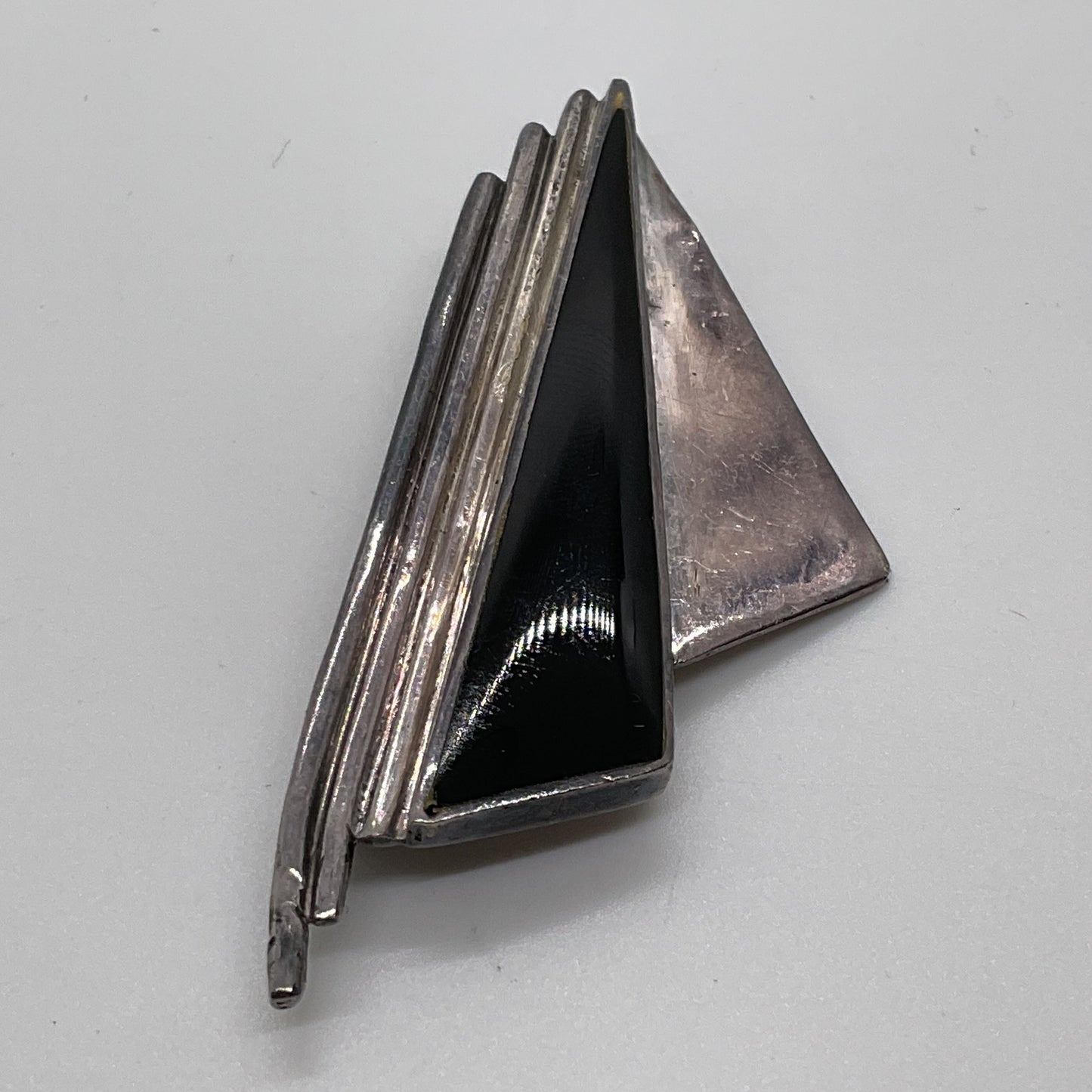VTG. JL Sterling Silver & Onyx Art Deco 2.25" Brooch- 9.68g