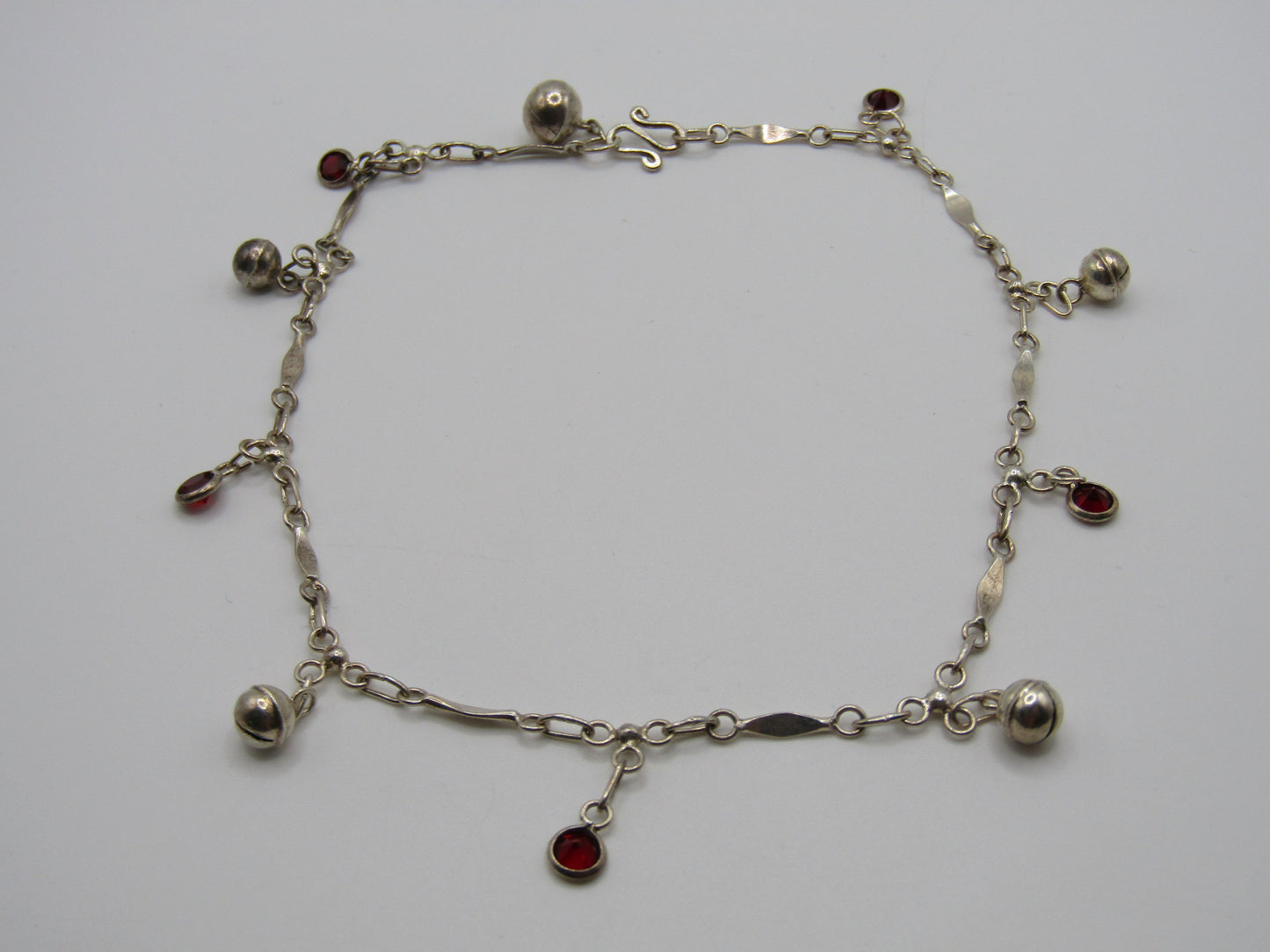 9.5" Sterling Silver Beaded Garnet Accent Anklet