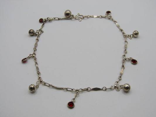 9.5" Sterling Silver Beaded Garnet Accent Anklet
