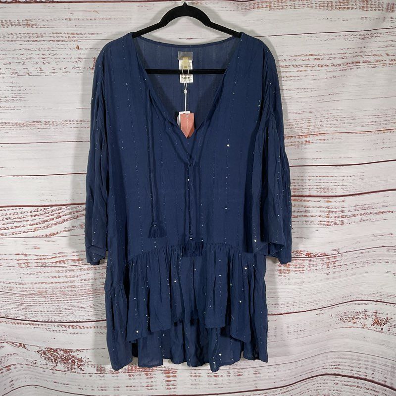 NWT Pilyq Angelica Sheer Island Blue Sequined Tunic Mini Dress - Size M/L