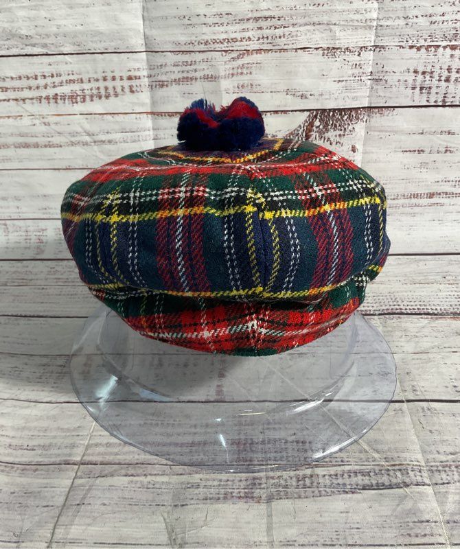 Scottish Clanwear Plaid Wool Beret Hat Pom Pom Made Scotland - Size 6 7/8