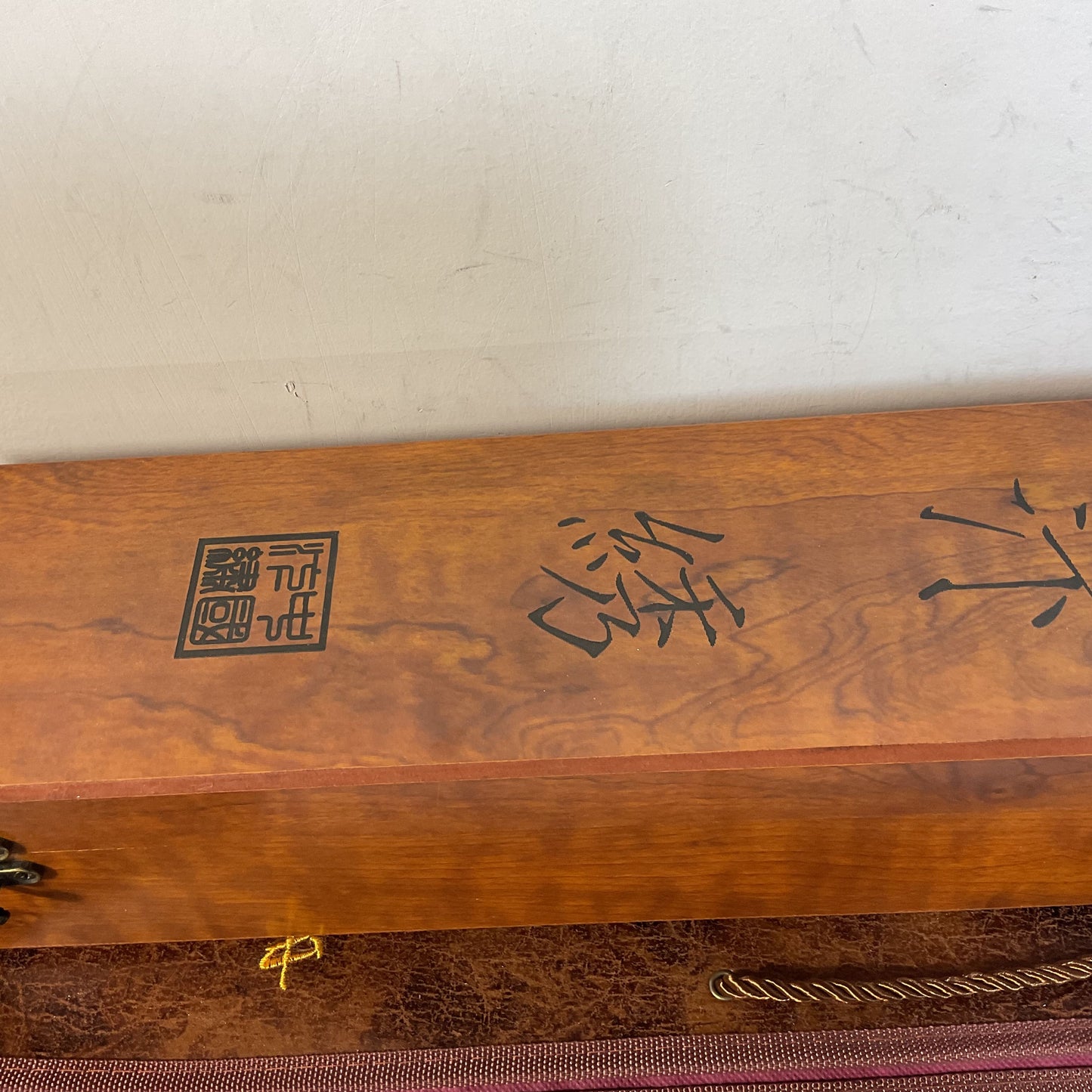 VTG. Asian Silk Embroidered Scroll with Wood Case and Dust Bag- 93" x 16.5"