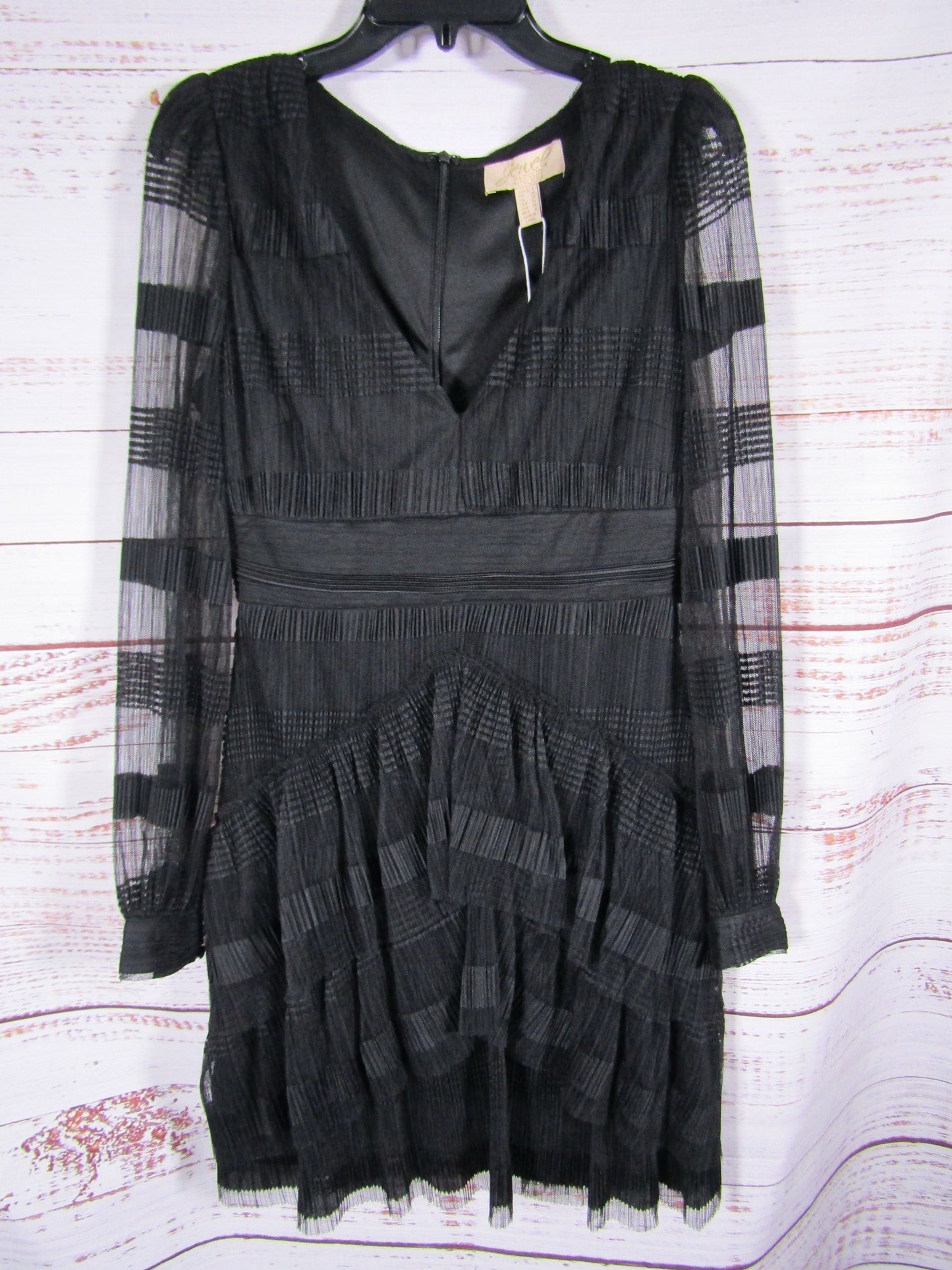 Jewel Badgley Mischka Women's Black Textured Stripe Long Sleeve Tiered Cocktail