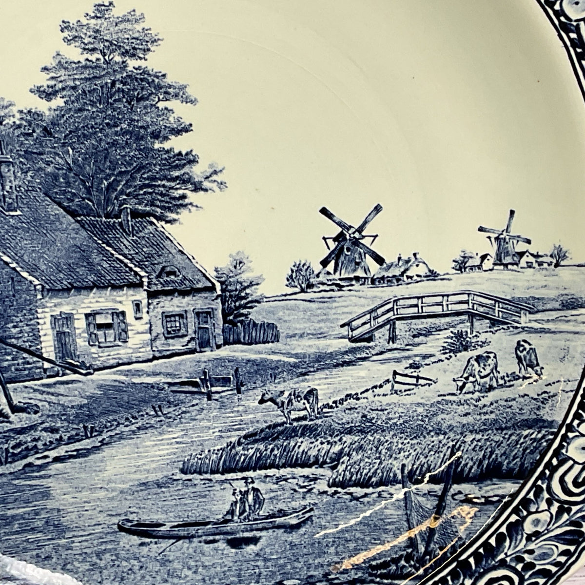 ANTIQUE DELFTS Boch Belgium Cottage & Windmills Wall Plate - 15.75"
