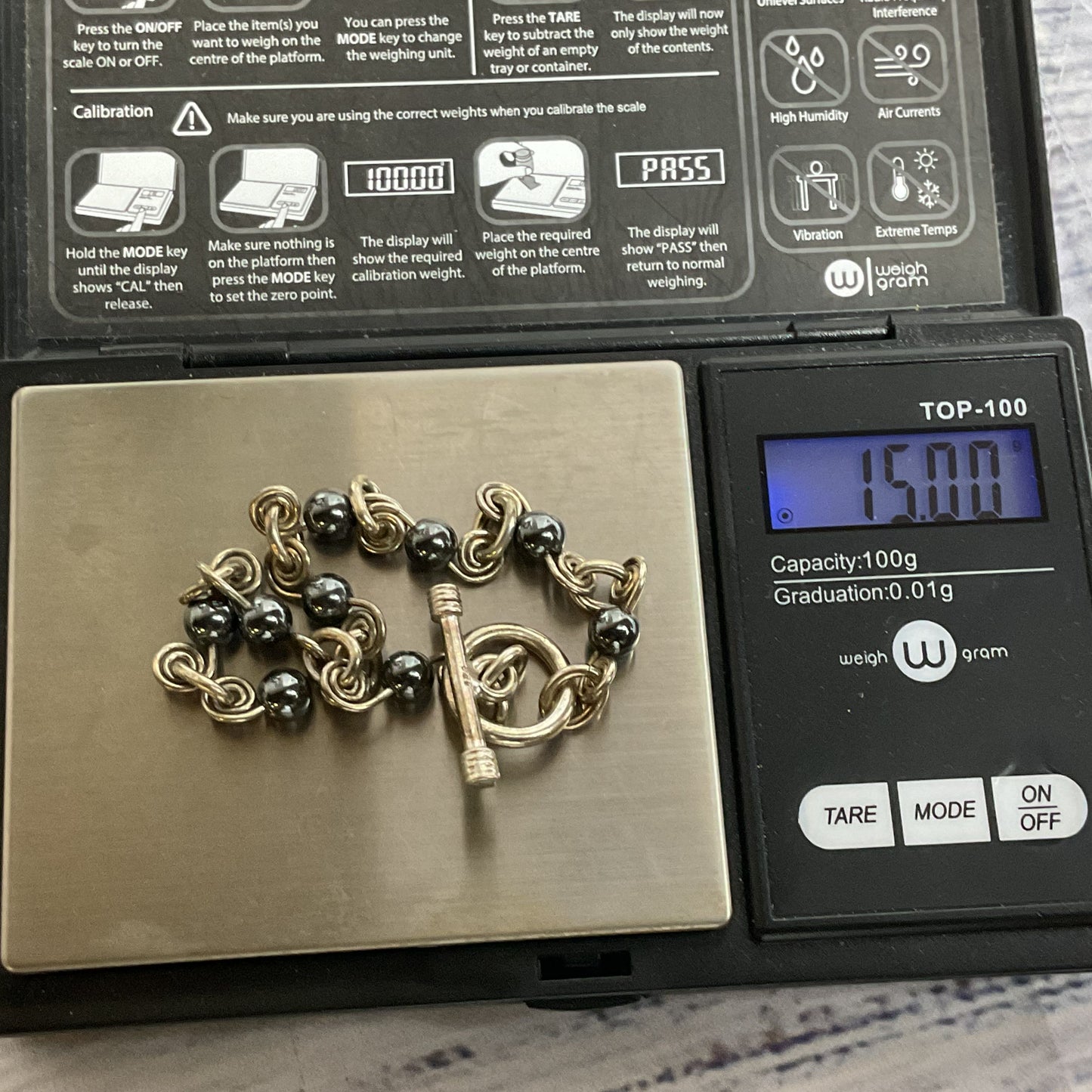 Sterling Silver & Hematite Beaded 7.5" Bracelet- 15.0g