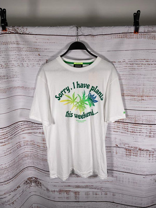 NWT Scotch & Soda White "Sorry, I Have Plants This Weekend" Logo T-Shirt Size M
