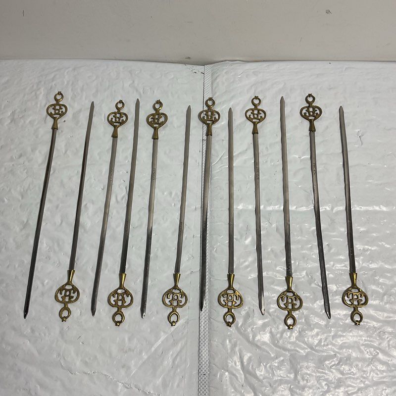 Set Of 12 Vintage Ornate Brass & Steel Kebab Skewers