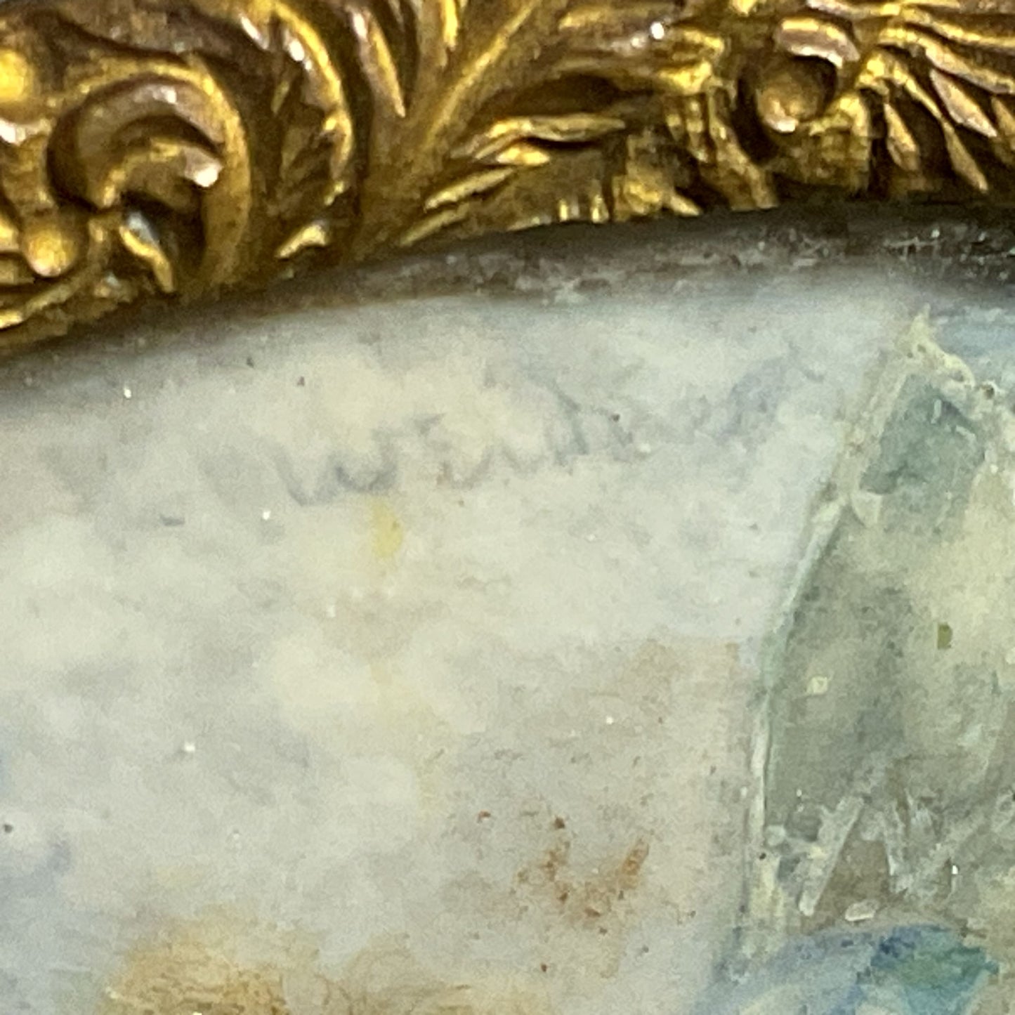 Signed ANTIQUE Miniature Portrait of Child w/ William Schaus Brass Gilded Frame