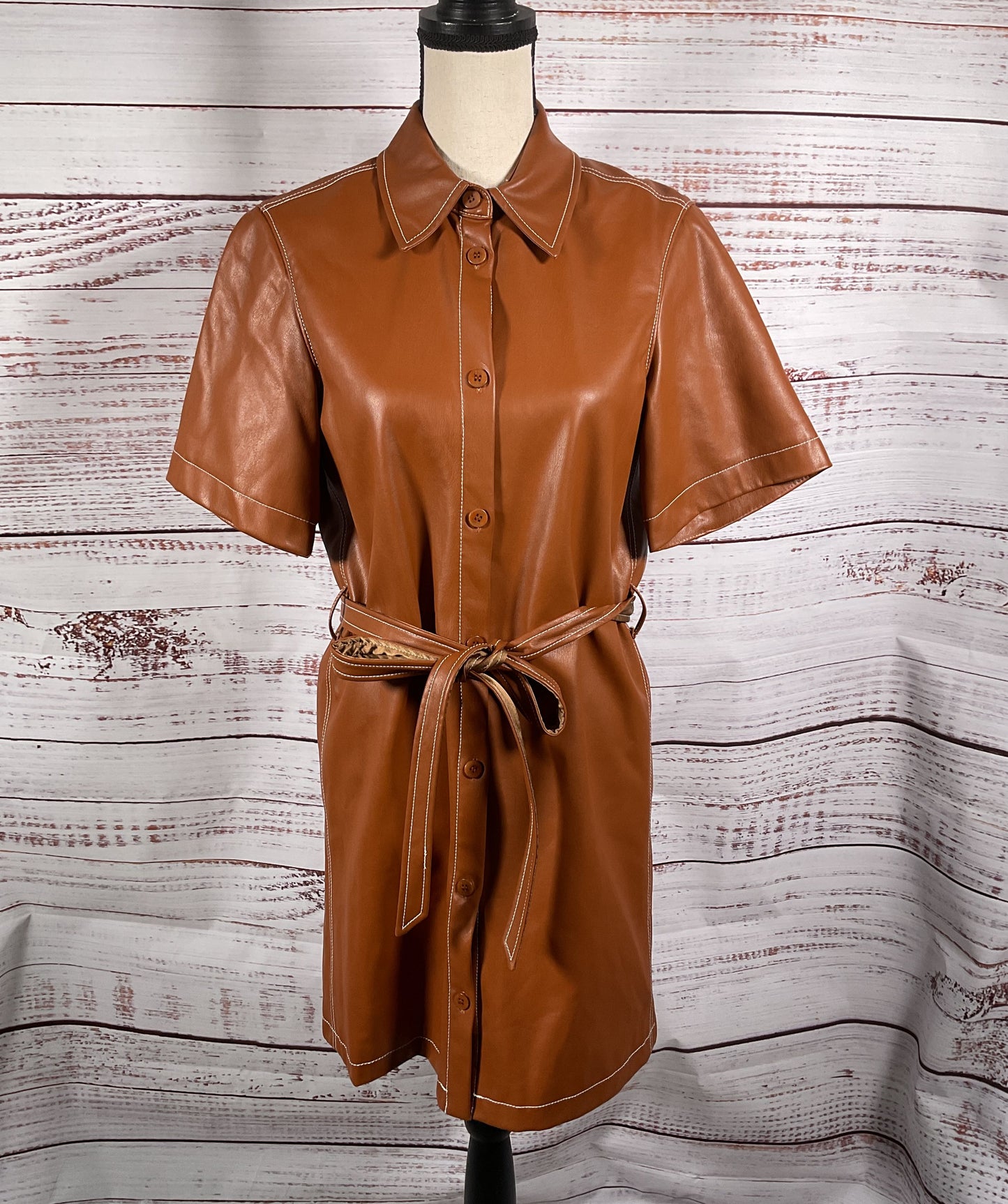 Staud Faux Leather Button Down Short Sleeve Dress Brown XS