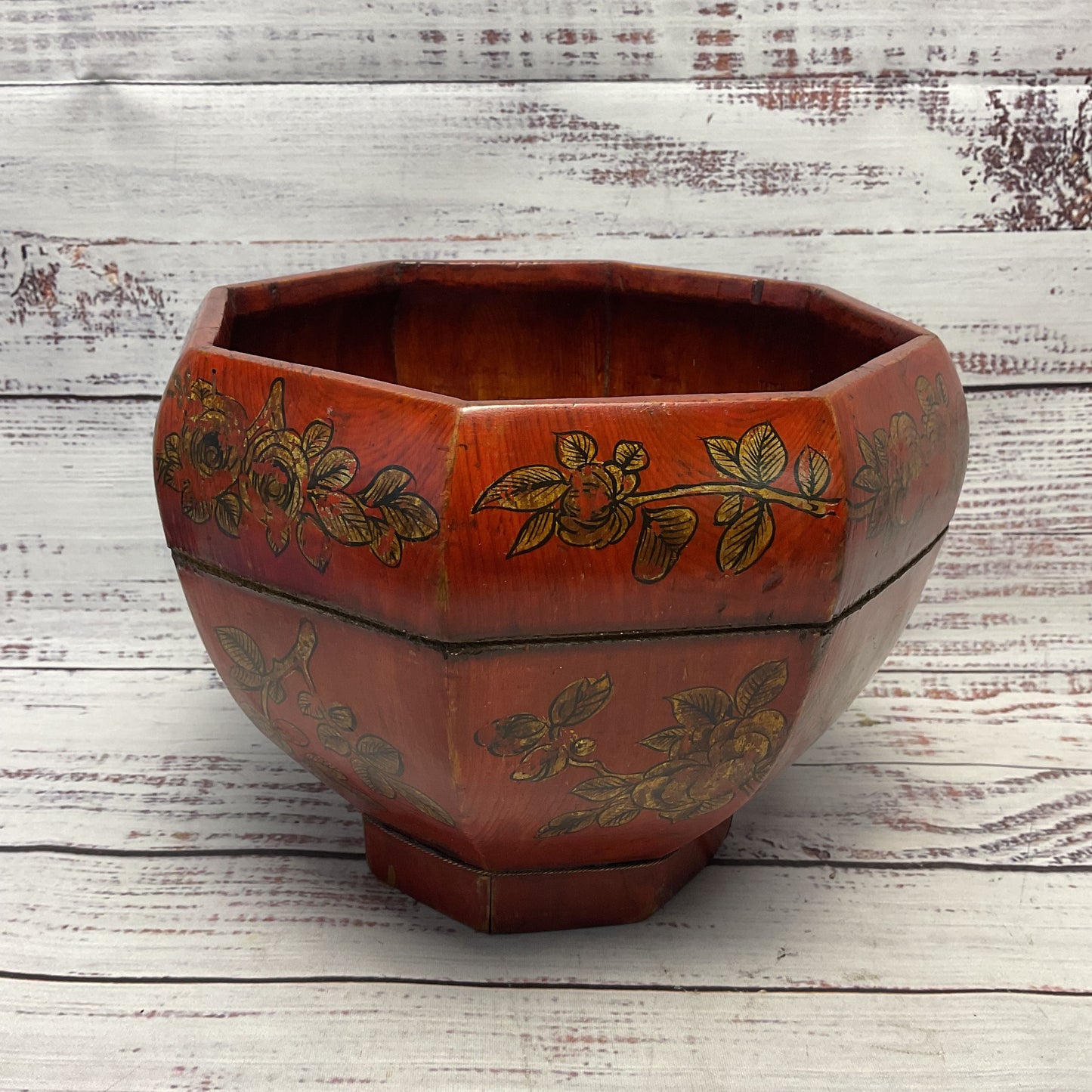 Red Lacquered Hand Crafted Octagonal Wooden Bucket 8.5"x 6"