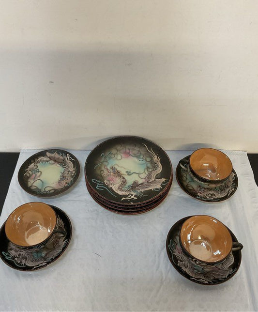 Set of Vintage Dragonware Textured Moriage Plates, Cups, & Saucers Japan