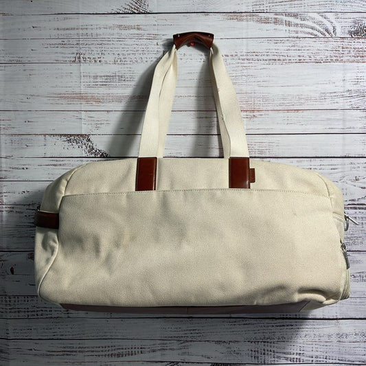 AWAY Off White Canvas Brown Leather Trim Weekender Duffel Bag Carry On