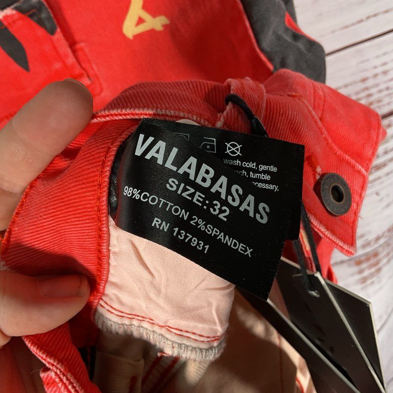 NWT Valabasas Puzzled Red Denim S/S 2 pc Pants Suit Top Size S Pants Size 32