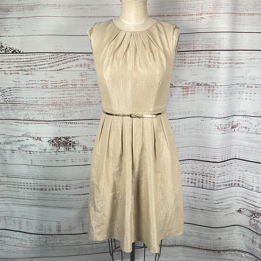 Ellen Tracy Beige Metallic Tone Sleeveless Belted Cocktail Dress - Size 2