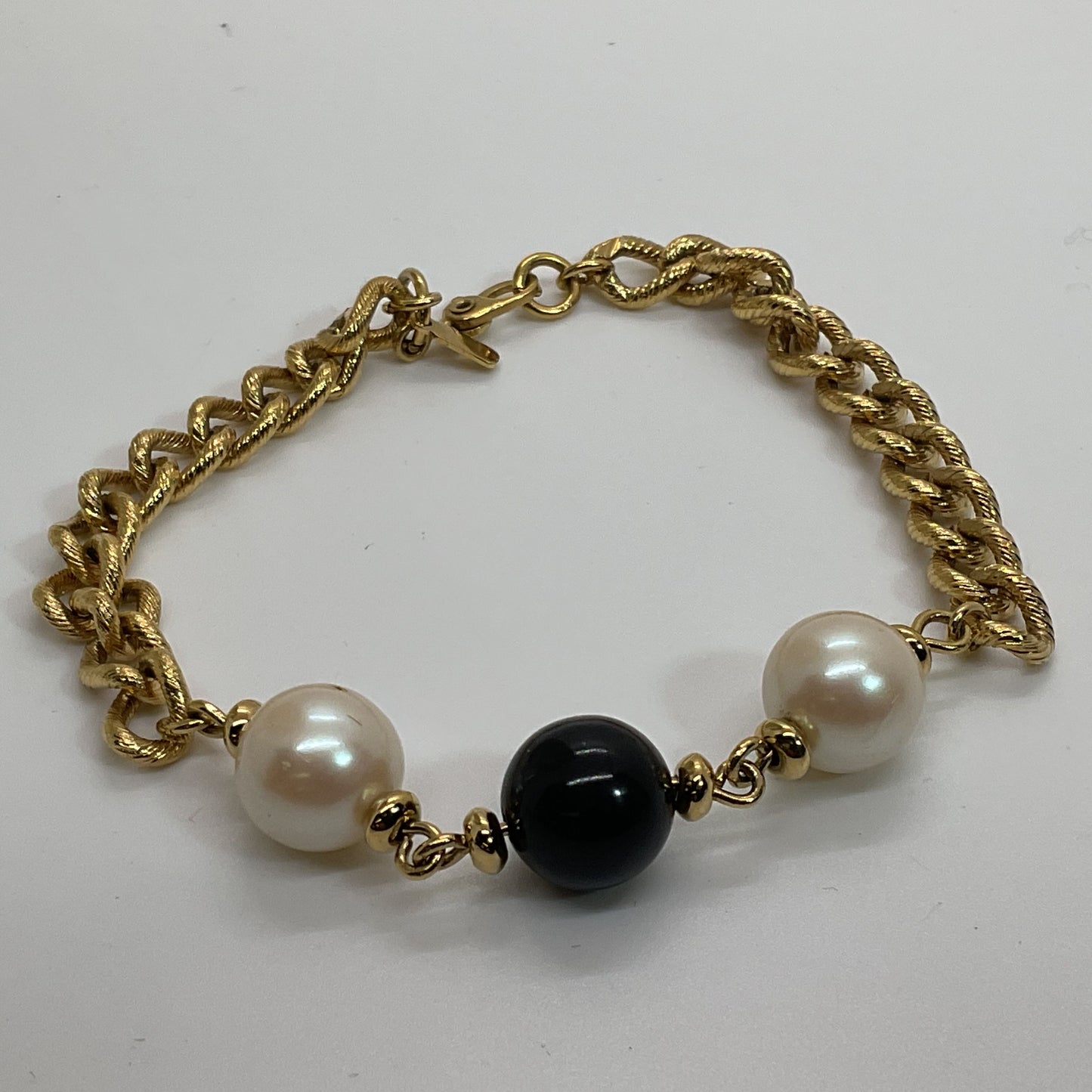 MONET White Black Faux Pearl Gold Tone Chain Bracelet- 7.75"