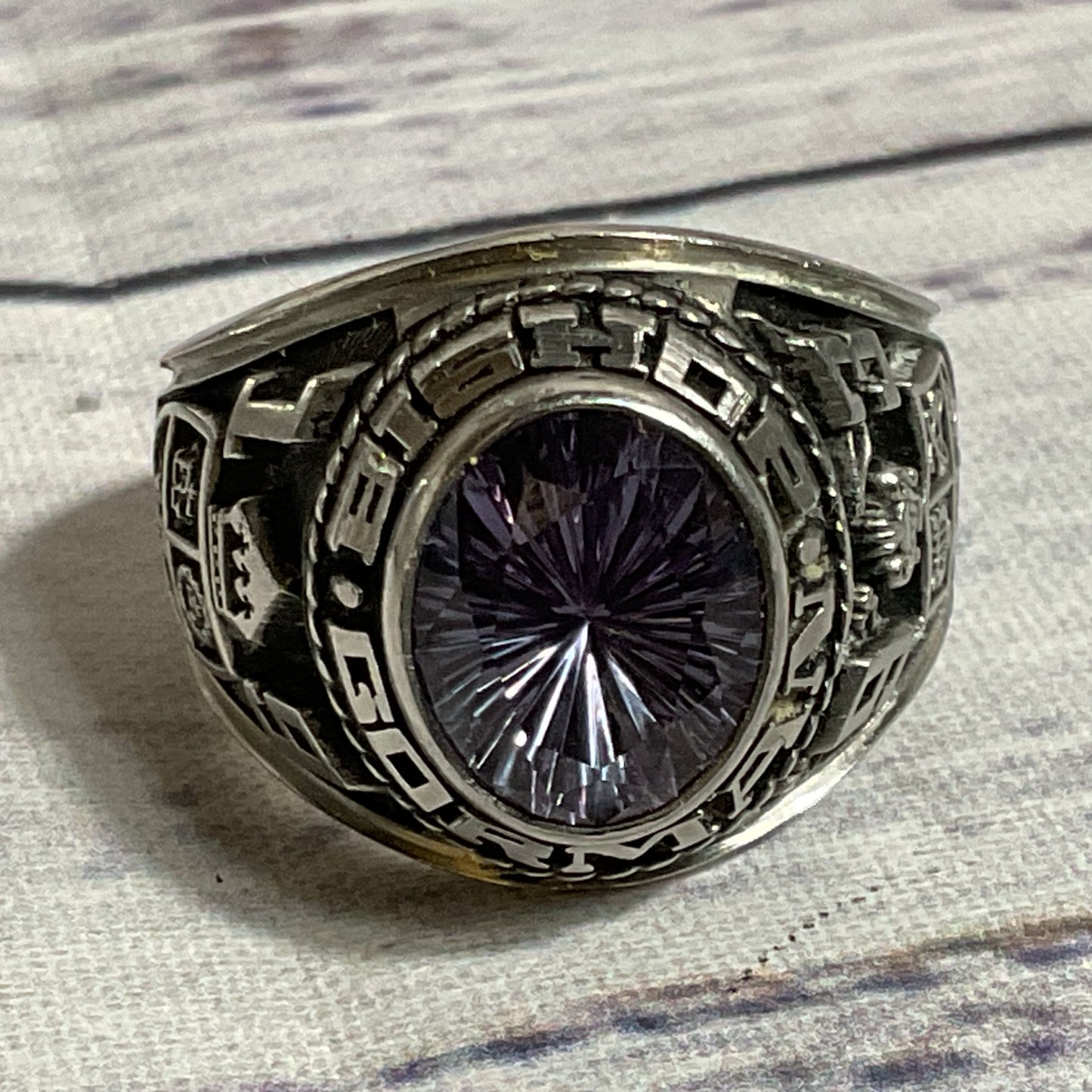 JOSTENS LTM Silver Tone & 10mm Lavender Sapphire Gorman Bishop Class Ring SZ 8.5