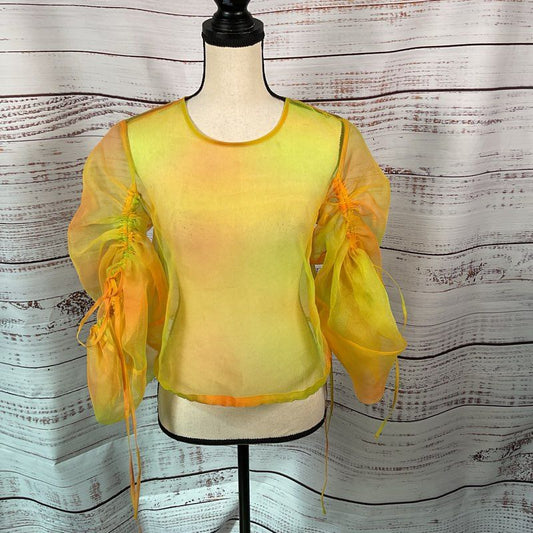 STAUD Women's Yellow/Orange Organza Peplum Rouched Sleeves Blouse- SZ 4