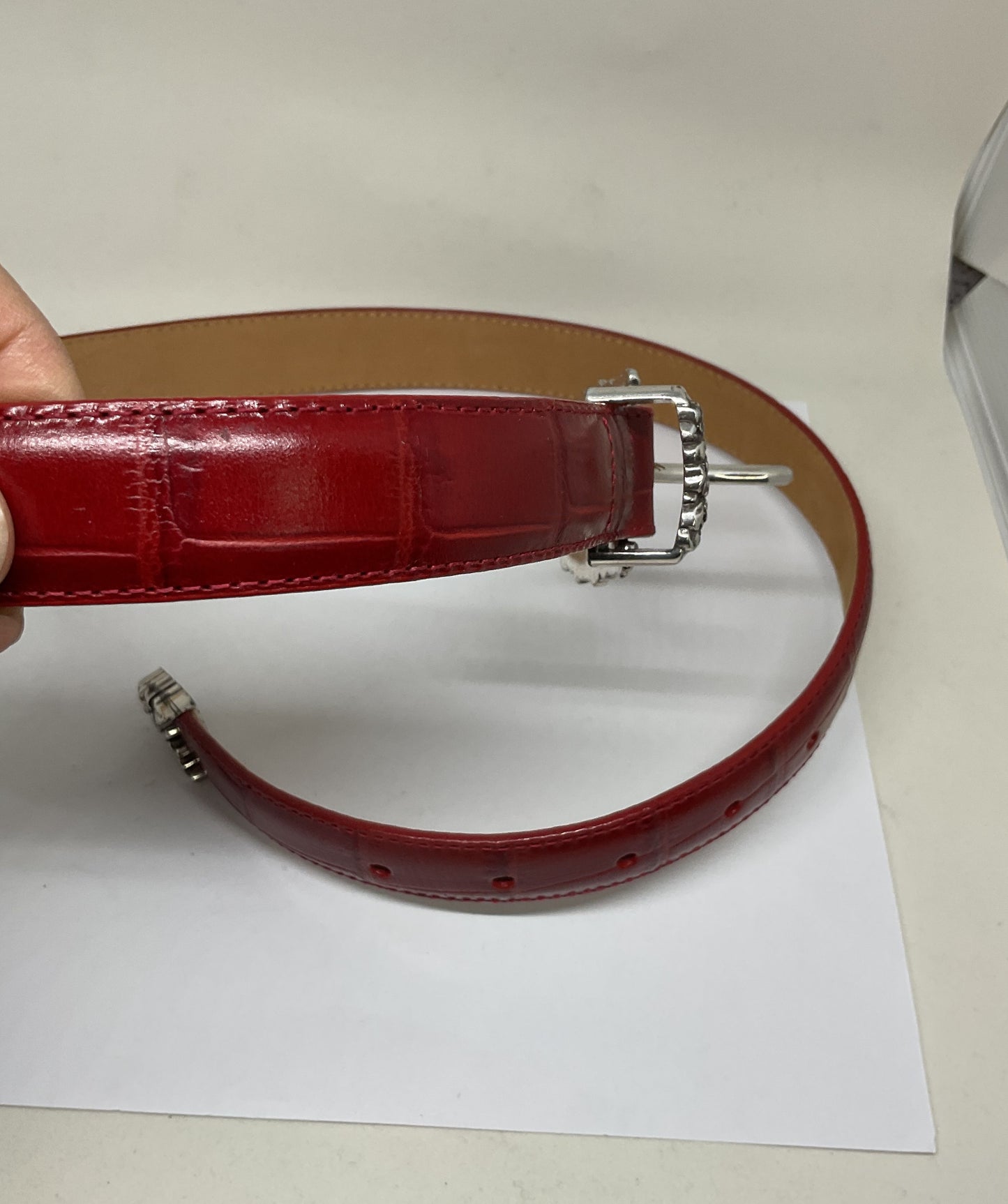Brighton Red Embossed Leather Silver Tone Buckle Belt - Size M