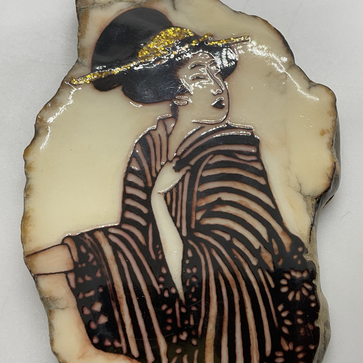 VTG. Brass Hand Painted Resin Geisha Snake Chain Necklace