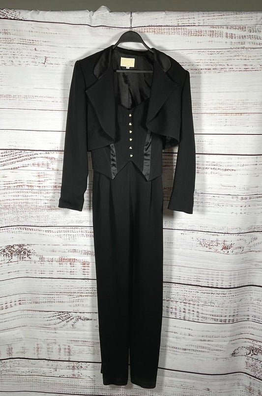Vintage 1990s Alberto Makali Black Jumpsuit with Gold Heart Buttons & Over Shawl