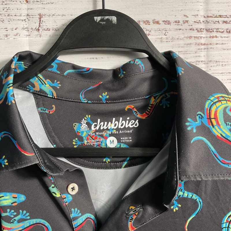 Chubbies Charcoal Gray Lizard All Over Print Polo Shirt - Size M