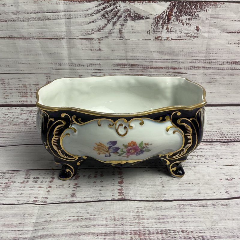 VTG Jlmenau Graf Von Henneberg Echt Kobalt Blue Porcelain 6" Footed Trinket Dish