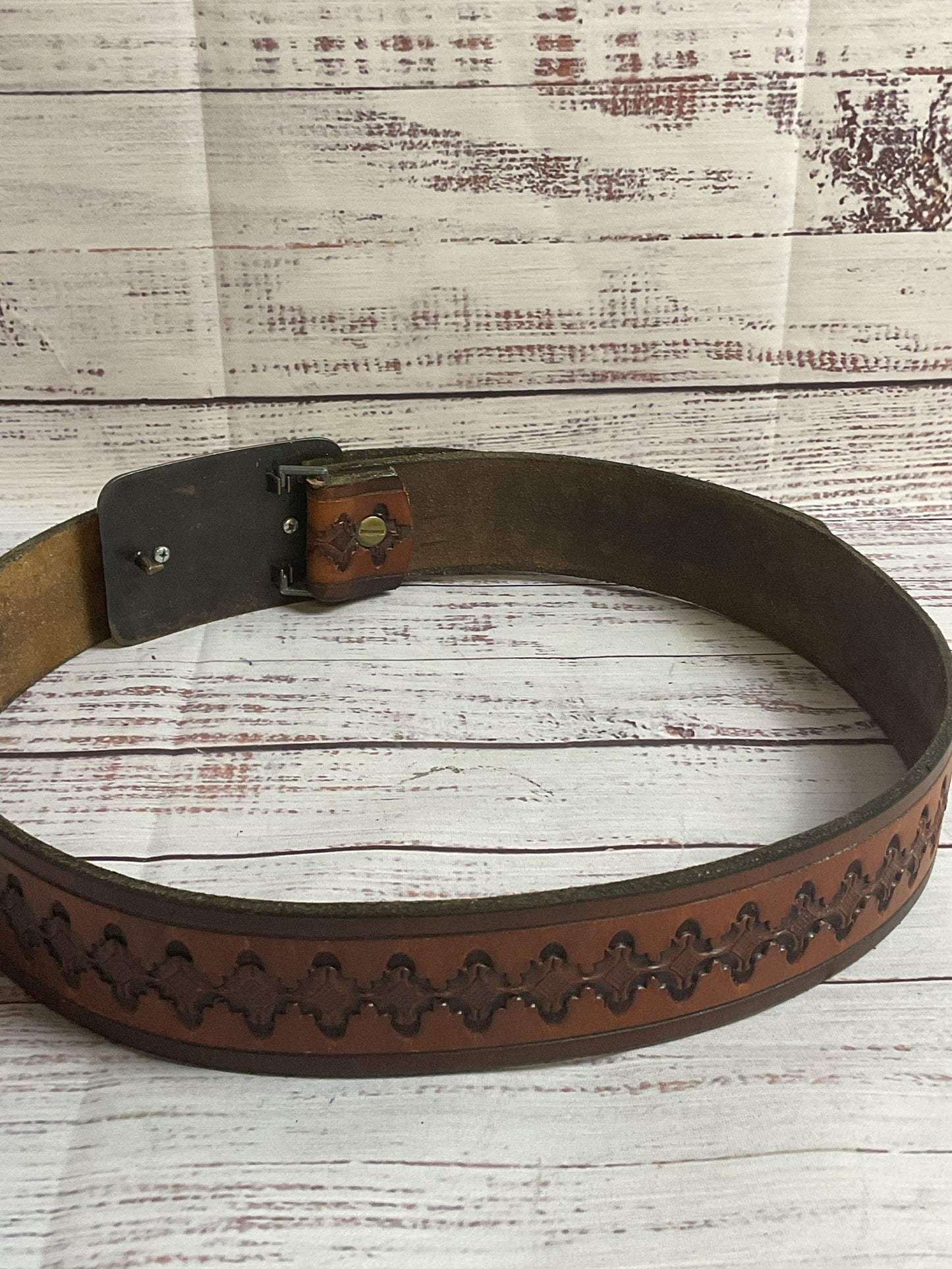 Embossed Leather Belt Brown Belt with Metal Buckle + Stone - 40"