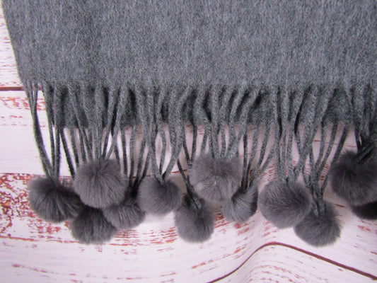 La Fiorentina Women's Gray Wool Rabbit Fur Tassel Scarf