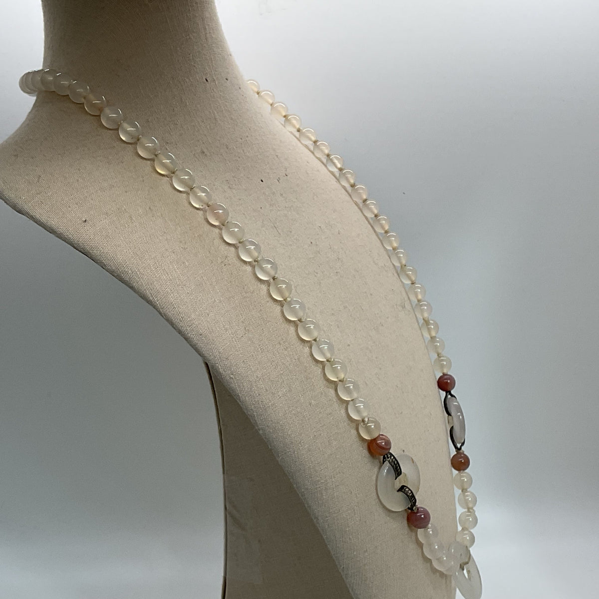 VTG. Sterling Silver Jade Beaded Necklace- 28.5"
