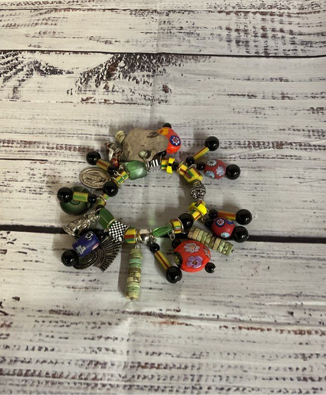 Elastic Charm Bracelet Silver Glass & Stone Charms