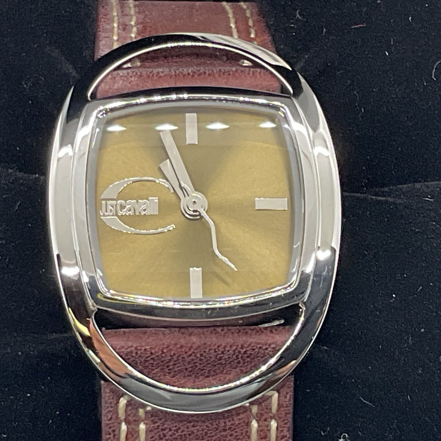 NEW JUST CAVALLI Time Silver Tone & Brown Leather Band Watch