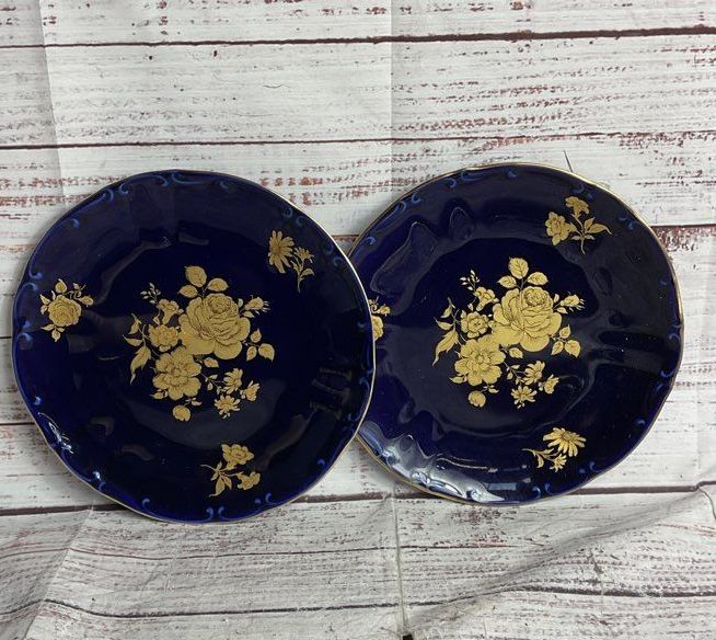 Bareuther Waldsassen Echt Vintage 22K Gold Germany Lot of 3 Salad Plates Cobalt