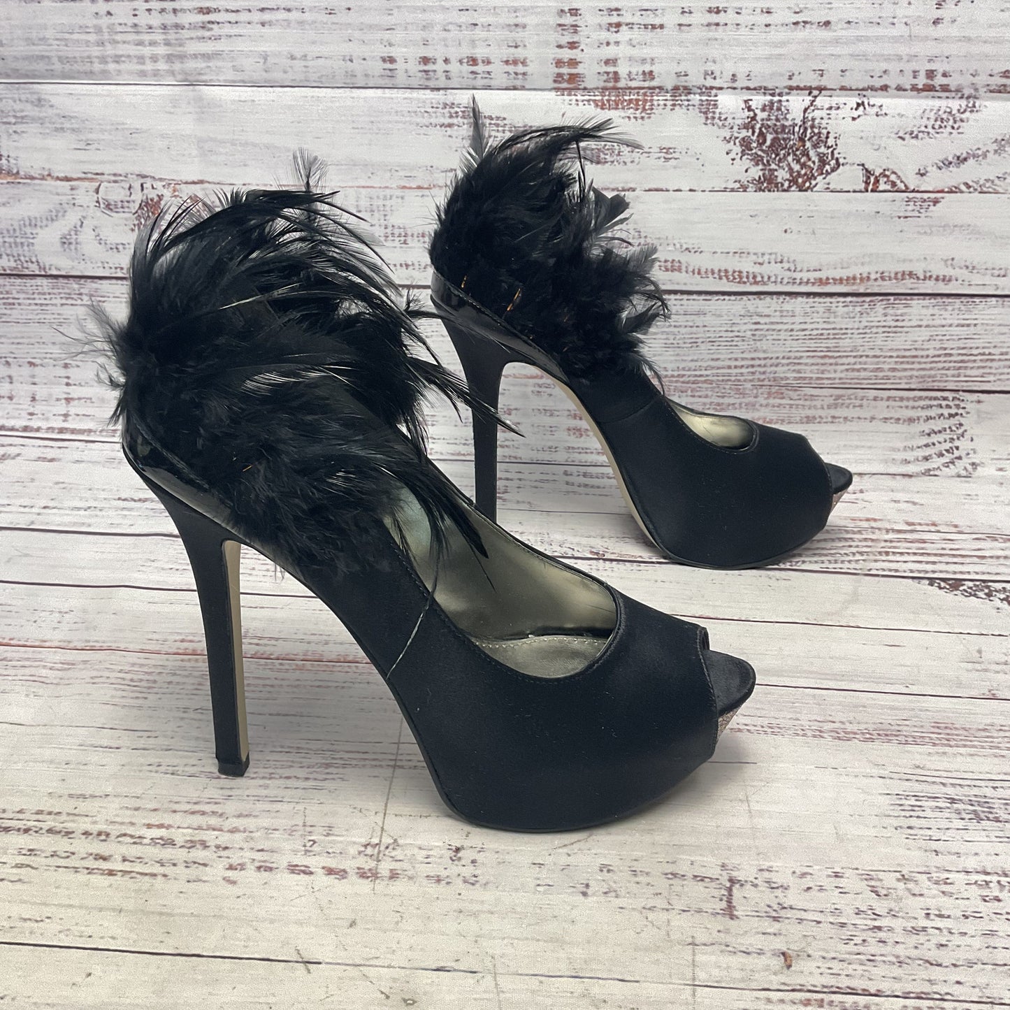 Enzo Angiolini Black Satin Feathered Platform Heel Women Size 7.5