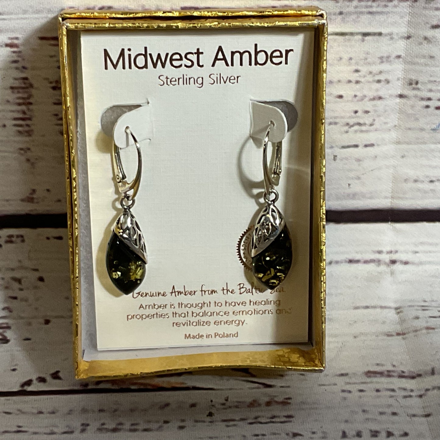 NEW MIDWEST AMBER Sterling Silver & Baltic Amber Dangle Leverback Earrings