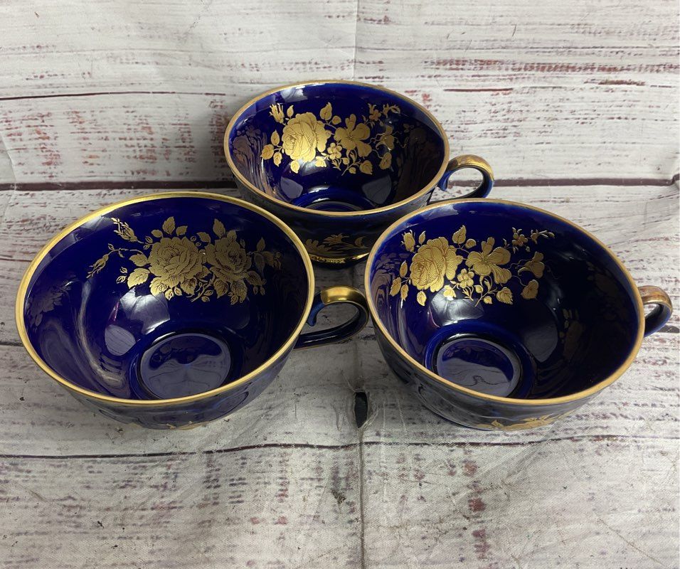 Bareuther Waldsassen Echt Vintage 22K Gold Germany Set of 3 Teacups Cobalt
