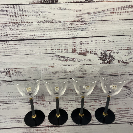 Sasaki Water/Wine Glasses Black Stem Base Gold Accents Set Of 4 2/3