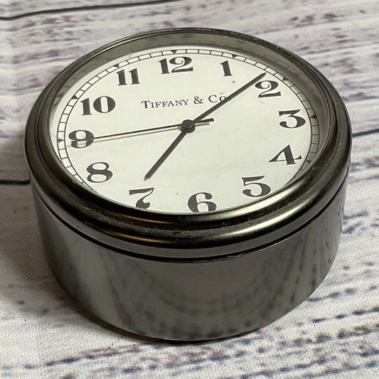 TIFFANY & CO. Gun Metal Desk Clock Trinket Box- 2" (NEEDS BATTERY)