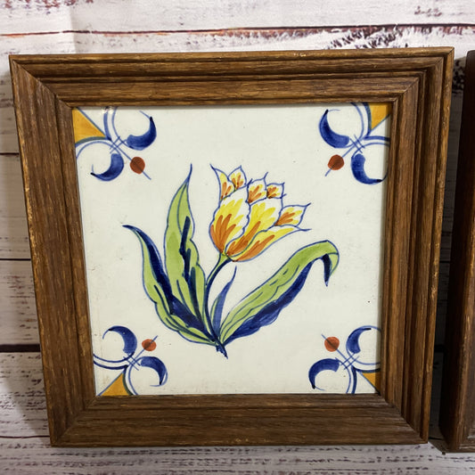 Set of 2 VTG. ROYAL DELFT De Porceleyne Fles Floral Tiles with Frame- Tile 5.25"